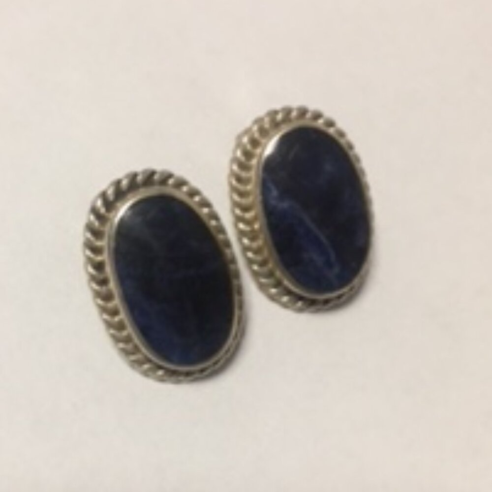 Vintage Estate 925 Silver Sodalite Inlay Clip Earrings